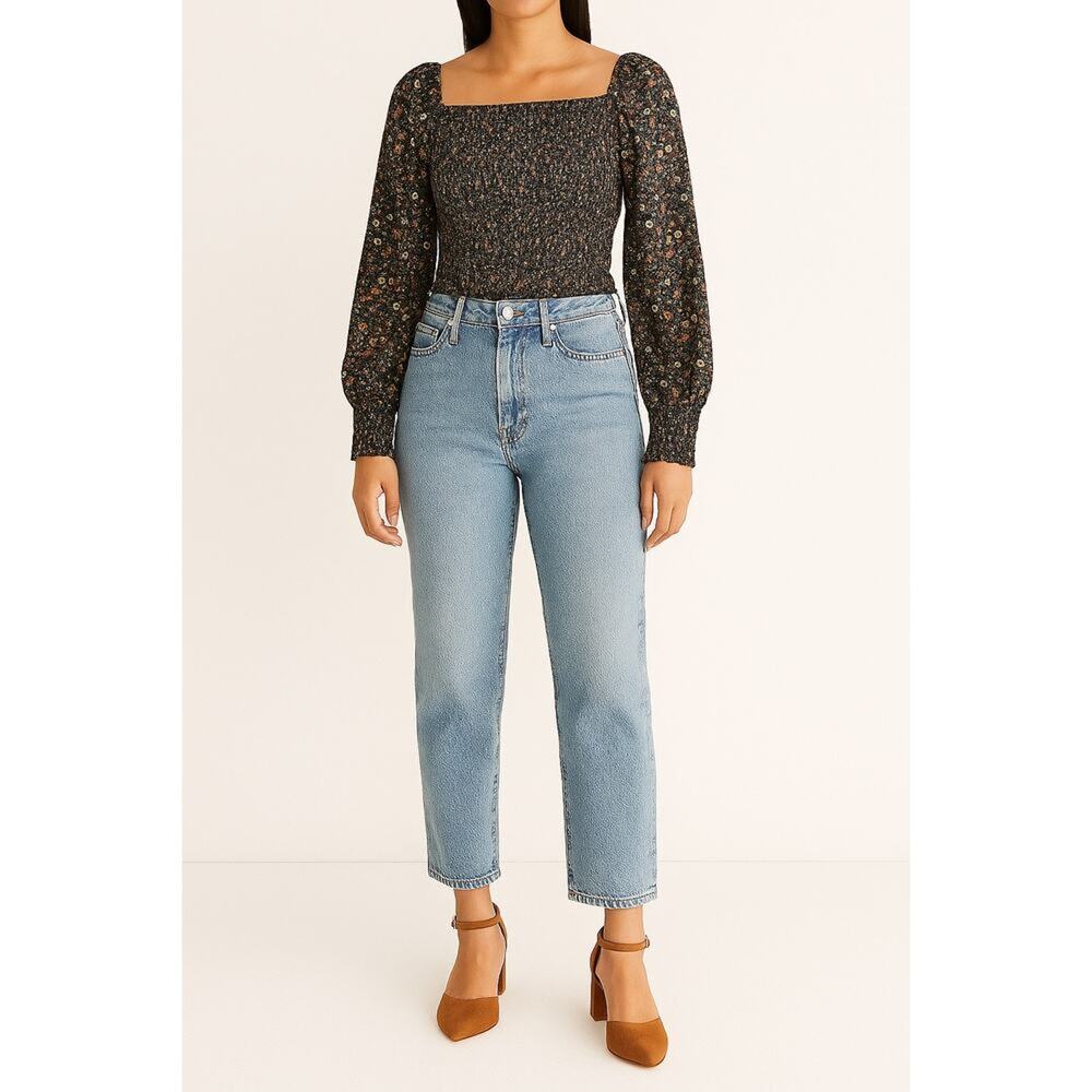 GIANNI BINI Smocked Floral Puff Sleeve Cropped Blouse | Large | Boho Cottagecore